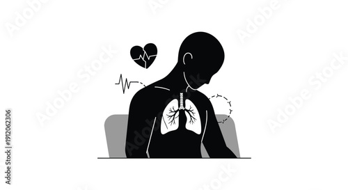 A black and white silhouette of a person experiencing chest discomfort, with icons of the lungs and a broken heart indicating health issues.