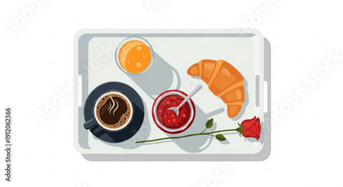 Breakfast tray with coffee croissant jam orange juice and rose on white background