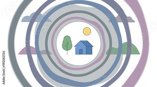 Glaucoma Abstract Art with Circular Tunnel and Nature Elements in Pastel Colors