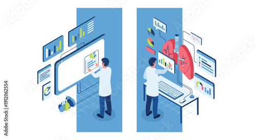 A split-screen isometric illustration of a doctor analyzing patient data and lung diagnostics on large computer screens in a modern clinic.