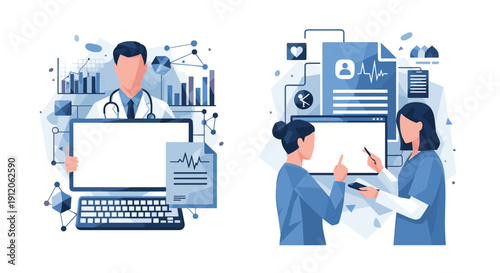 A composition of two scenes showing medical professionals, one male doctor with data analytics and one female team discussing patient records.