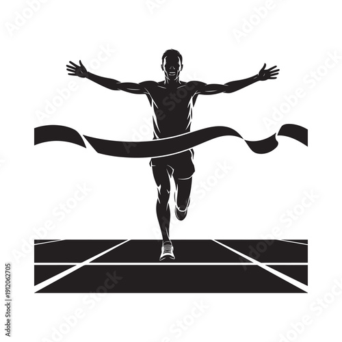 Silhouette of a runner crossing a finish line in a dynamic pose