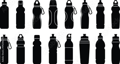 Water bottle silhouette collection with sports caps, screw lids, flip tops, carabiner clips, textured grips, reusable hydration container vector