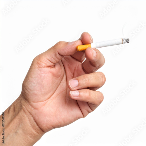 Close‑Up of Hand Holding Lit Cigarette , White Body with Orange Filter and Burning Tip Emitting Smoke on Clean White Background 