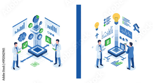 A split-screen isometric view of scientists conducting A/B testing and data analysis for research and development to find innovative ideas.