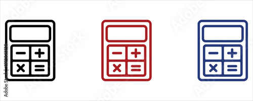 Calculator icons set in black, red, and blue on white background vector illustration.