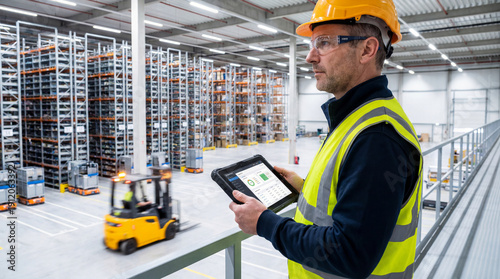 Logistics Manager Using Tablet in Modern Automated Warehouse