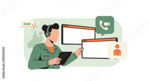 Customer support agent with a headset managing multiple client interactions through video calls and digital platforms for telehealth.