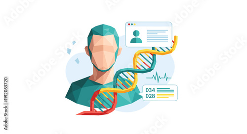 Low-poly illustration of a patient profile with a DNA helix and EKG graph, symbolizing personalized medicine and genetic data.