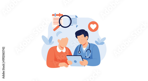 Doctor explaining medical records and test results on a digital tablet to an elderly female patient during a consultation.