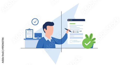 Man filling out an online form or checklist, representing digital document management, compliance, and efficient task completion.