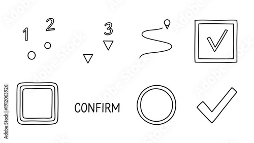 Roadmap Journey: A collection of simple, hand-drawn icons illustrating the steps of a journey, a confirmation check, and a defined path. perfect to illustrate progress and success.