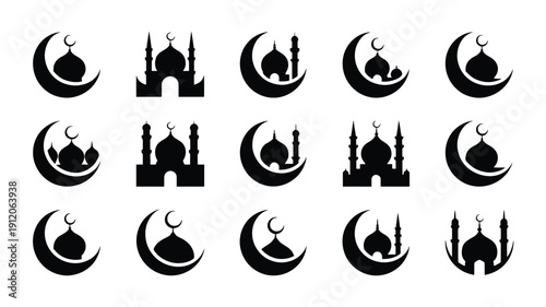 Vector graphic design showcasing various mosque and crescent moon symbols in black on white background for islamic themes and ramadan celebrations