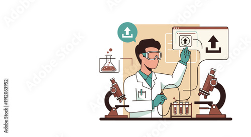 Scientist in a laboratory uploading experimental data and research findings to an online database using a digital interface.
