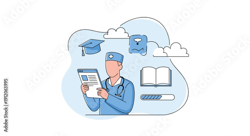 Medical student or doctor engaging in online learning and continuous education using a tablet for medical research and studies.