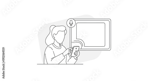 Line art illustration of a woman using a smartphone for voice commands and screen casting to a smart TV or digital display.