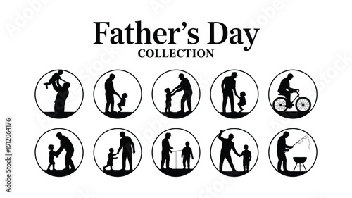 Father's day collection logo sheet featuring silhouettes of dads and kids in various activities