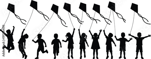 Black silhouette collection of happy children flying kites, playful jumping poses, childhood freedom concept, outdoor activity, joyful kids isolated on white background