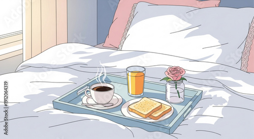 Breakfast in bed with coffee toast and orange juice on a tray morning routine cozy bedroom with sunlight