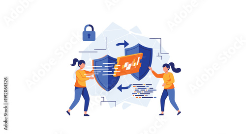 Two women holding shields to facilitate a secure data transfer, symbolizing cybersecurity, encryption, and data protection.