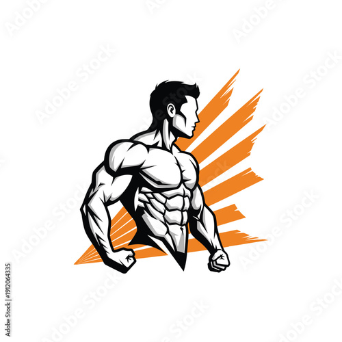 Powerful bodybuilder in profile with striking orange wing-like elements