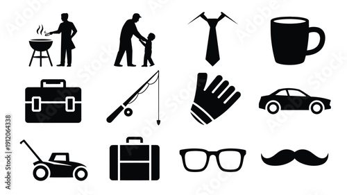 Collection of black silhouette icons for men lifestyle and daily activities on white background