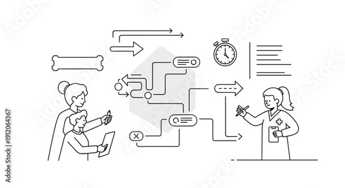 Line art illustration of a doctor explaining a complex medical treatment plan and workflow to a patient and their guardian.