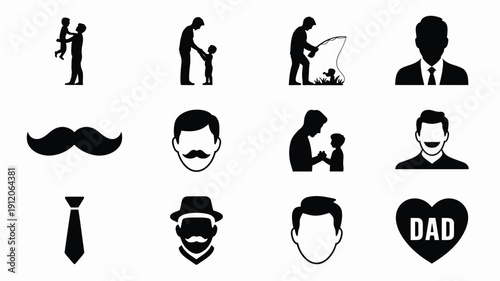 Black silhouette icons for father's day featuring dad family and beard symbols on a white background