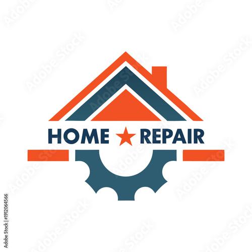 Orange and blue house with gear and star for home repair service roof