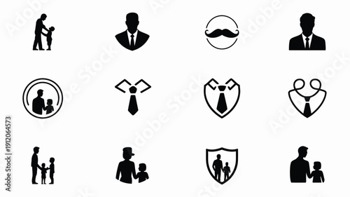 Minimalist business icons set with people ties and shields on gray background for professional use