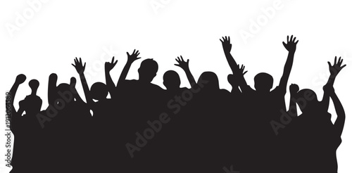 Silhouette of a cheering crowd with hands raised on white background