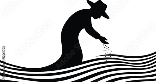 Black silhouette of farmer sowing seeds by hand in cultivated field, agriculture work concept, rural lifestyle, planting season, organic farming, isolated on white background