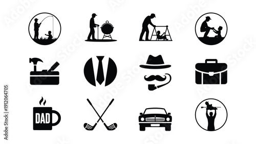 Collection of 12 black silhouette icons representing father's day themes and activities including parenting hobbies and gifts on a white background