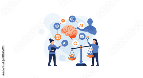 Concept of ethical AI in healthcare, with researchers balancing the technological and humanistic aspects of artificial intelligence.