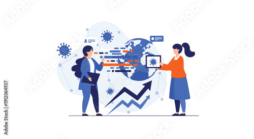 Scientists and public health officials analyzing global data and trends to track the spread of a virus pandemic around the world.