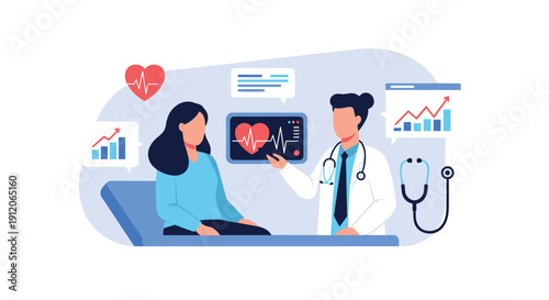 Doctor discussing a patient's improving vital signs, showing a healthy heart rate on a monitor during a medical checkup.