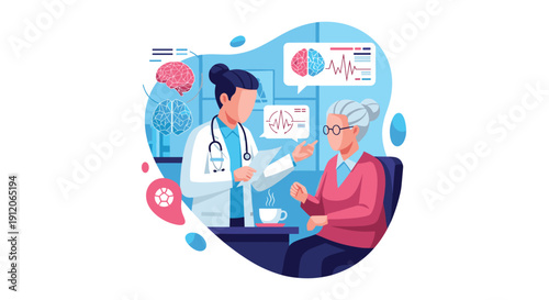 Female doctor specializing in geriatrics or neurology discussing brain health and cognitive function with an elderly patient.