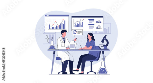 Researcher or doctor discussing clinical trial results and data analysis with a patient or research participant in a laboratory.