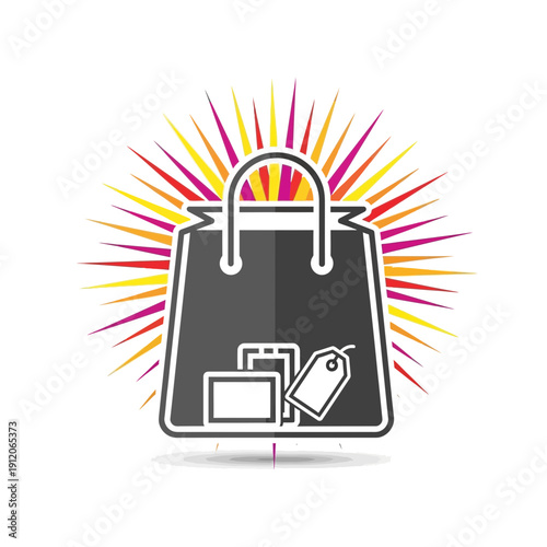 Vibrant Shopping Bag Icon With Explosive Spiky Sun Burst Against White Background