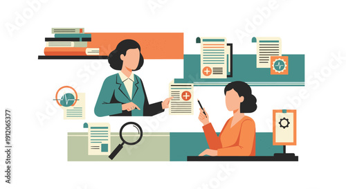 Healthcare administrators or insurance agents reviewing and processing medical records, claims, and patient information files.