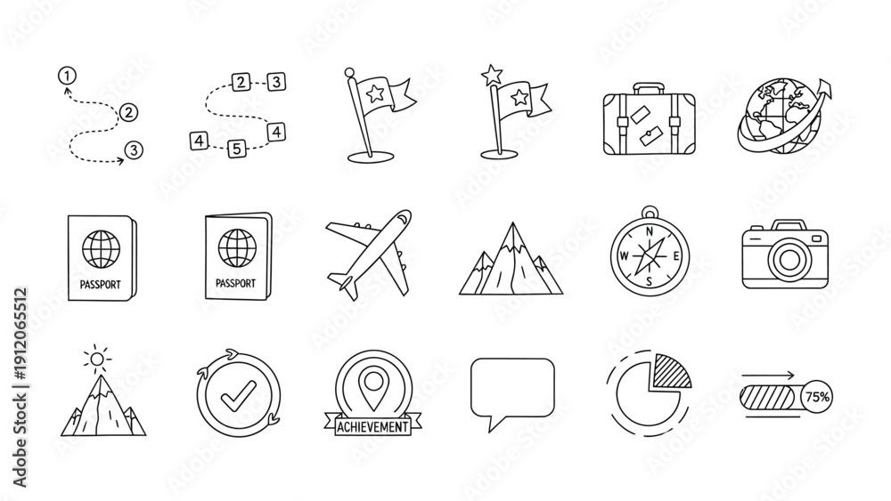 Fototapeta premium Travel Icons: A curated collection of minimalistic line art icons related to travel, including a passport, airplane, compass, and other travel essentials.
