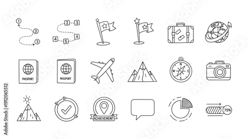 Travel Icons: A curated collection of minimalistic line art icons related to travel, including a passport, airplane, compass, and other travel essentials.