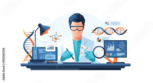 Male scientist in a modern laboratory conducting genetic research, analyzing DNA structures and molecular data on computer screens.