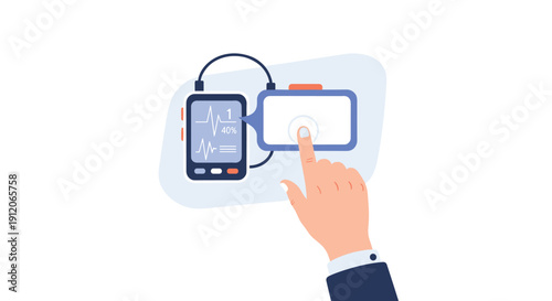 User authenticating with a fingerprint scanner to access a personal medical device displaying heart rate and health data.