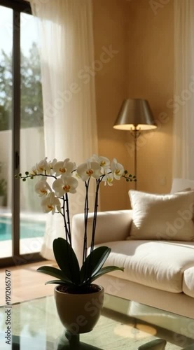 White luxury sofa interior featuring glass table orchid plant and sunlit sheer curtns overlooking swimming pool