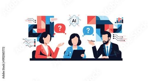 Diverse business team in a meeting discussing questions and challenges related to artificial intelligence and its implementation.