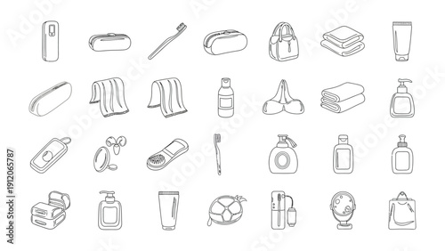 Bathroom Essentials Collection: A neatly arranged collection of bathroom essentials. Line art illustration includes items for hygiene and grooming.