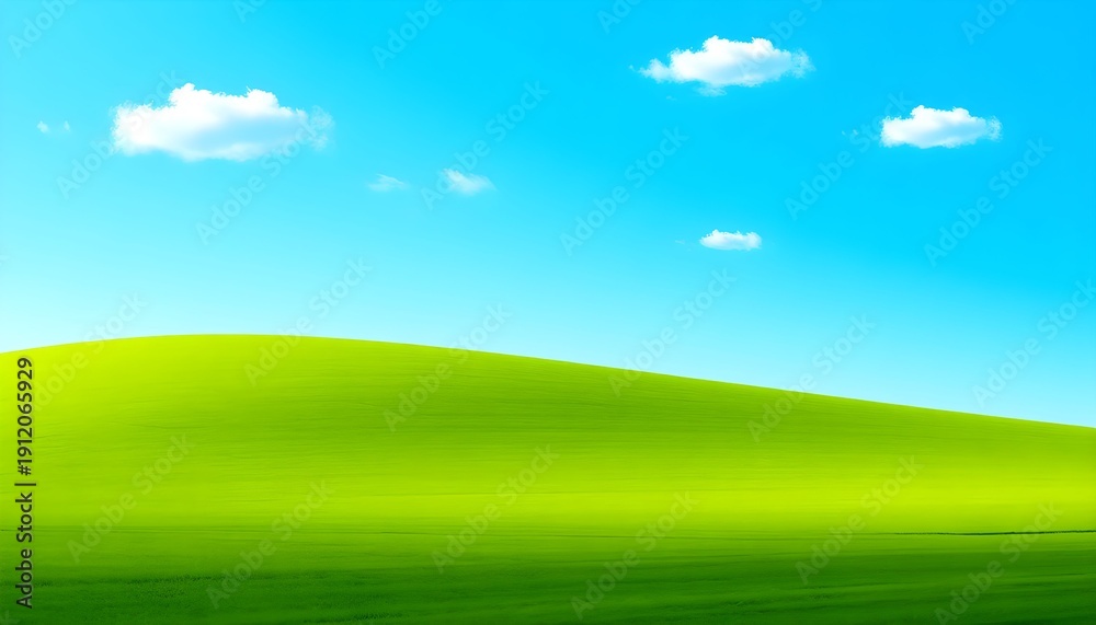 Obraz premium Serene landscape of a green hill under a blue sky with white clouds from a distant viewpoint