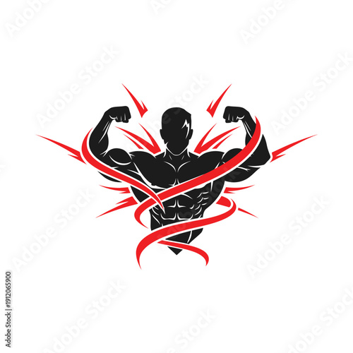 Powerful bodybuilder silhouette with red abstract energy ribbons and muscles