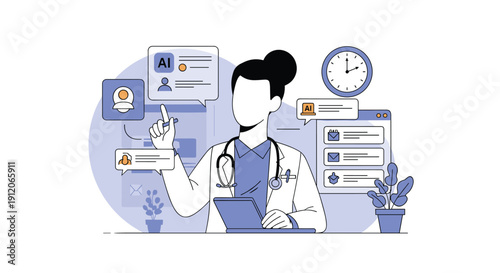 Female doctor uses a tablet with an AI assistant to manage appointments, patient communication, and administrative tasks efficiently.